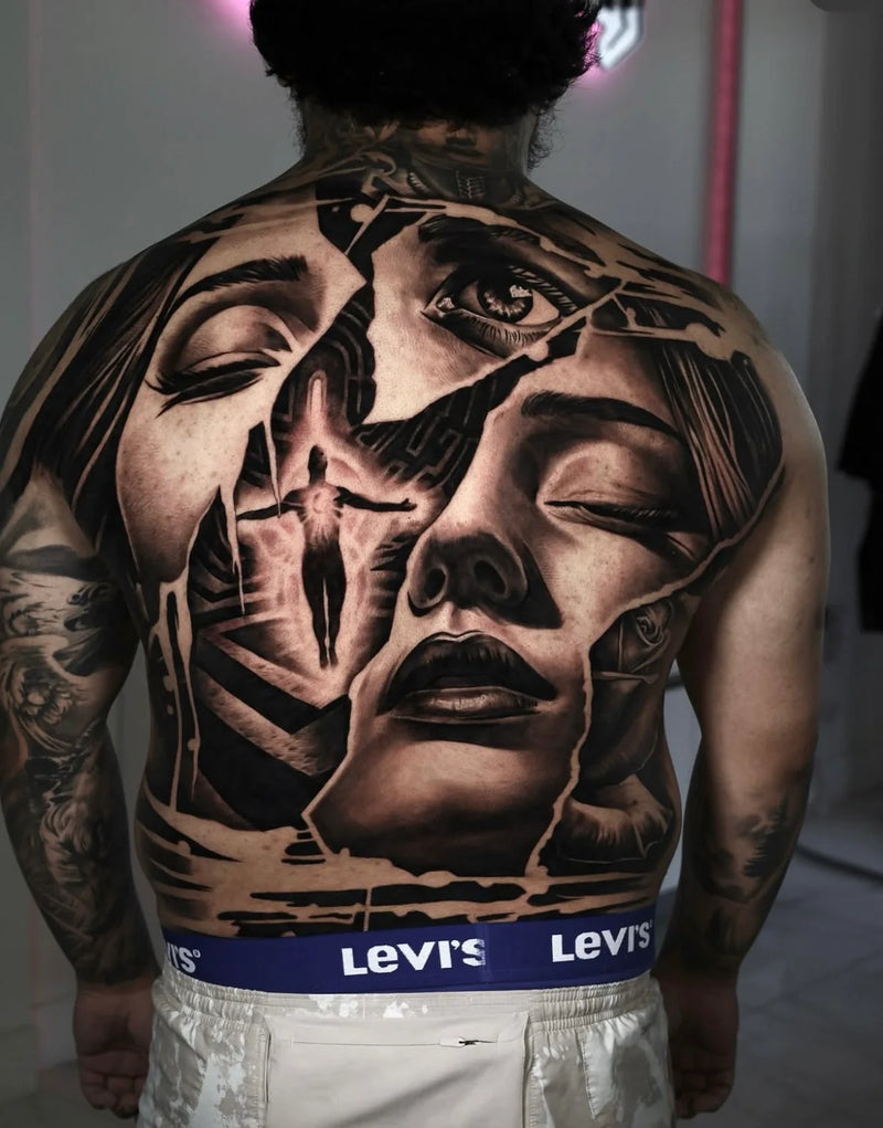 custom back tattoo with girls face and patterns 