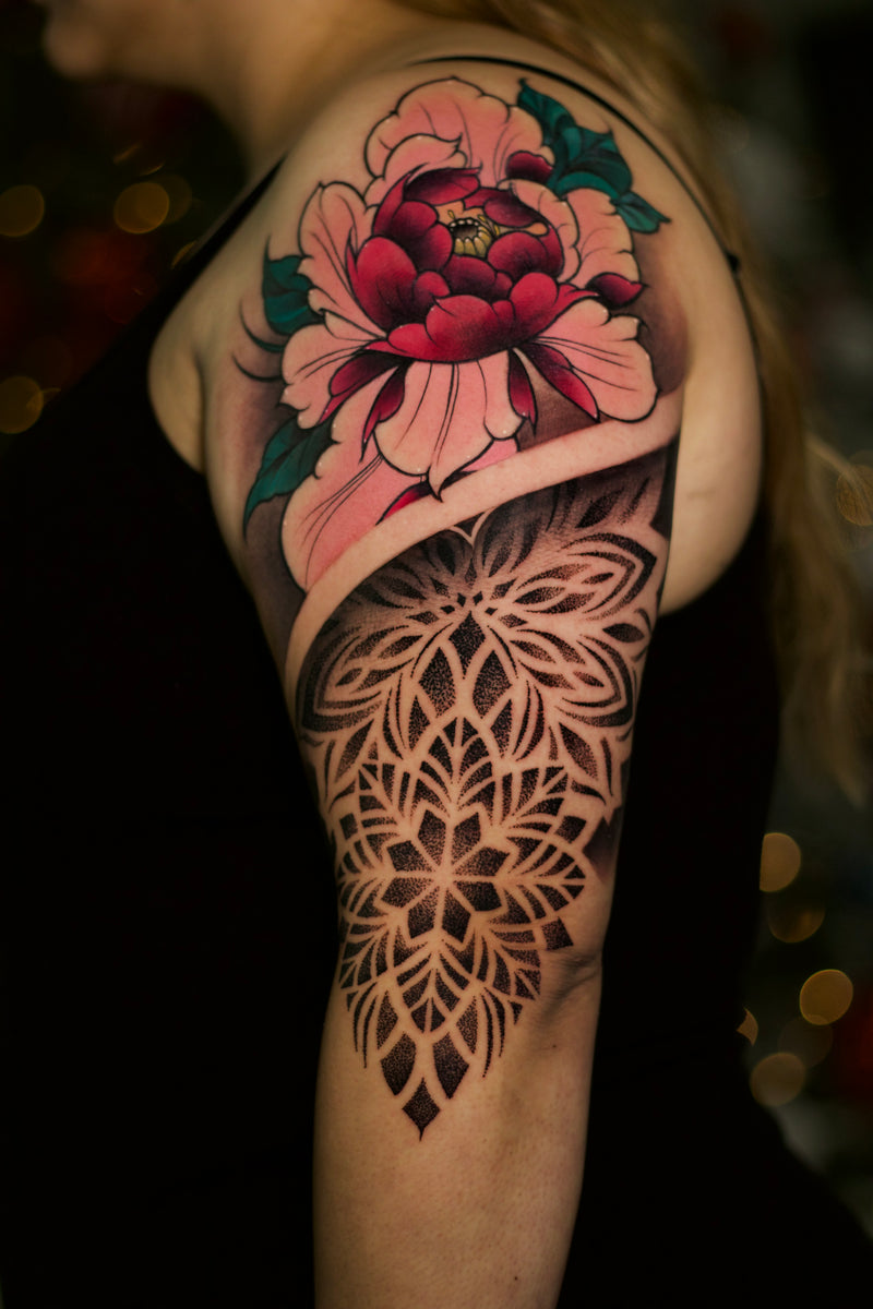 color flower tattoos with mandela pattern